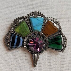 Vintage Miracle Signed Celtic Irish Scottish Faux Stones Fan Shaped Brooch Pin